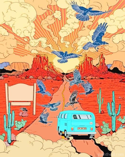 Car In Illustration Desert Painting By Numbers Kits