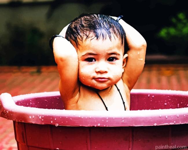 Kid Bathing In Bucket Painting By Numbers Kits