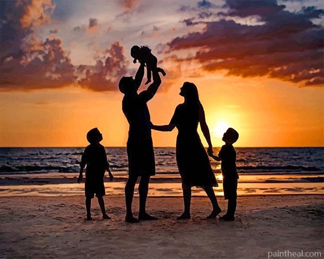 Family Silhouette In Beach Painting By Numbers Kits