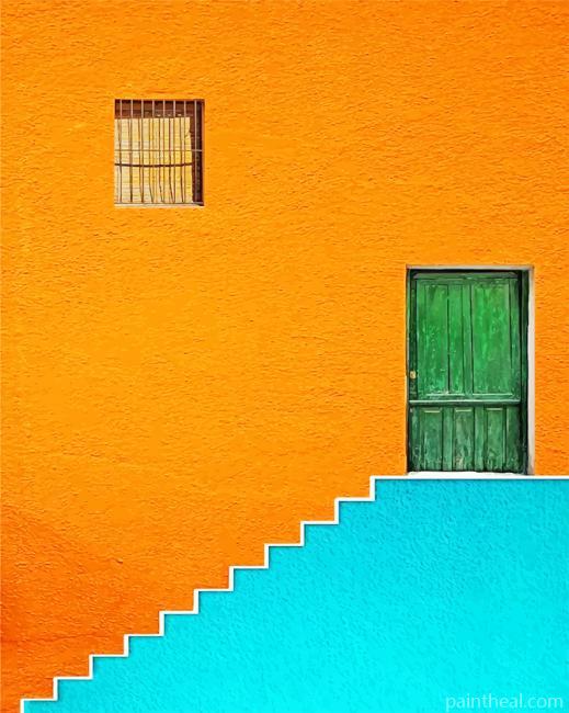 Green Door Orange Wall Painting By Numbers Kits