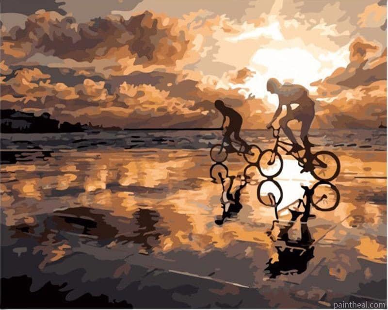 Cyclists Silhouette In Beach Painting By Numbers Kits