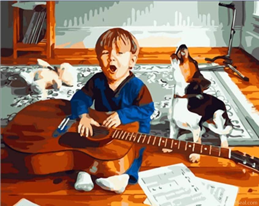 Little Boy Holding Guitar Painting By Numbers Kits