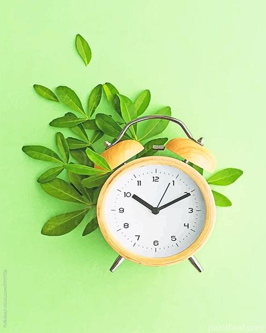 Yellow Clock And Green Leaves Painting By Numbers Kits