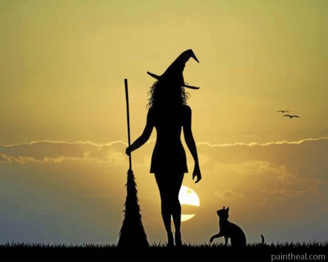Witch And Her Cat Silhouette Painting By Numbers Kits