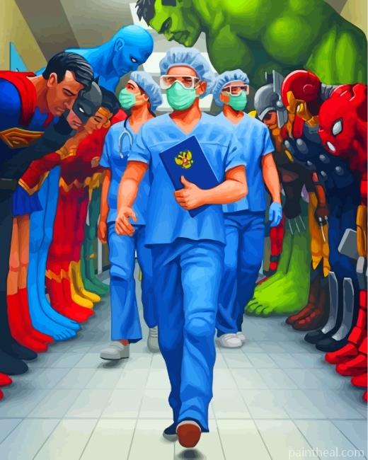 Superheroes Bowing To Nurses Painting By Numbers Kits