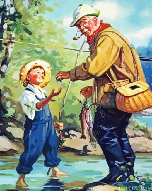 Vintage Grandpa Fishing With Grandson Painting By Numbers Kits