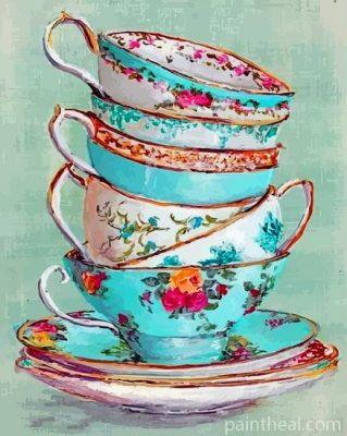 Stacked Up Tea Cups Painting By Numbers Kits