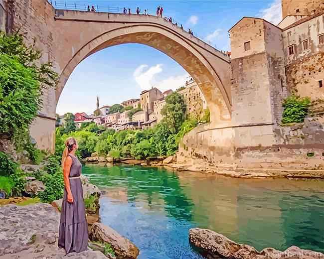Woman Contemplating Mostar Bridge Bosnia Painting By Numbers Kits