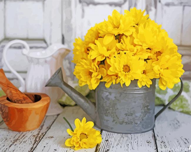 Yellow Flowers In Watering Pail Painting By Numbers Kits