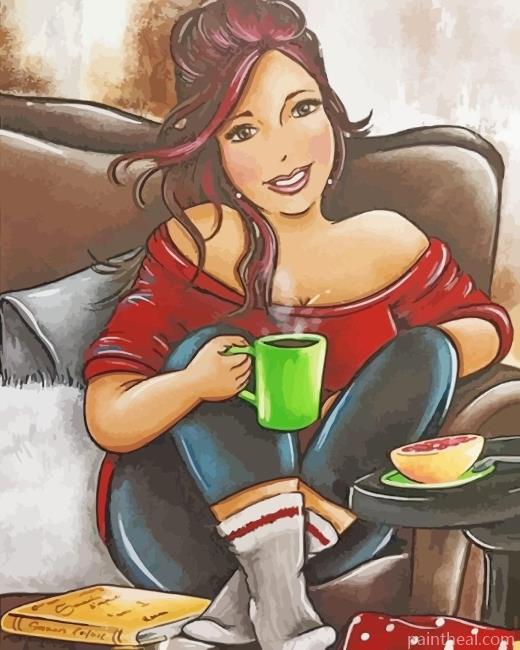 Fat Woman Drinking Coffee Painting By Numbers Kits