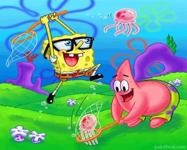 Spongbob And Patrick Jellyfishing Painting By Numbers Kits