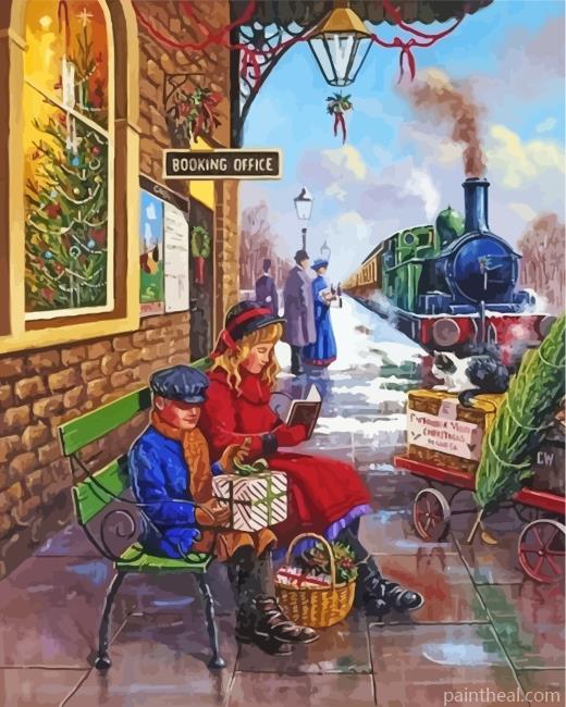Vintage Christmas Train Station Painting By Numbers Kits