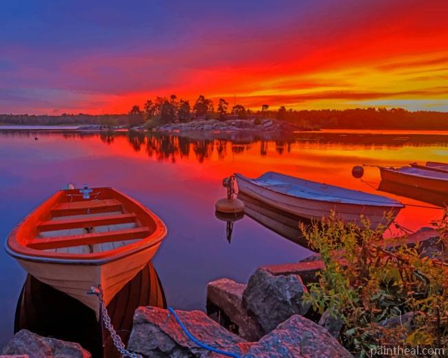 Sweden Sunrise Boat Painting By Numbers Kits