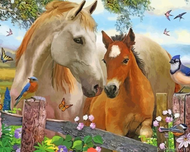 Horses With Birds And Flowers Painting By Numbers Kits