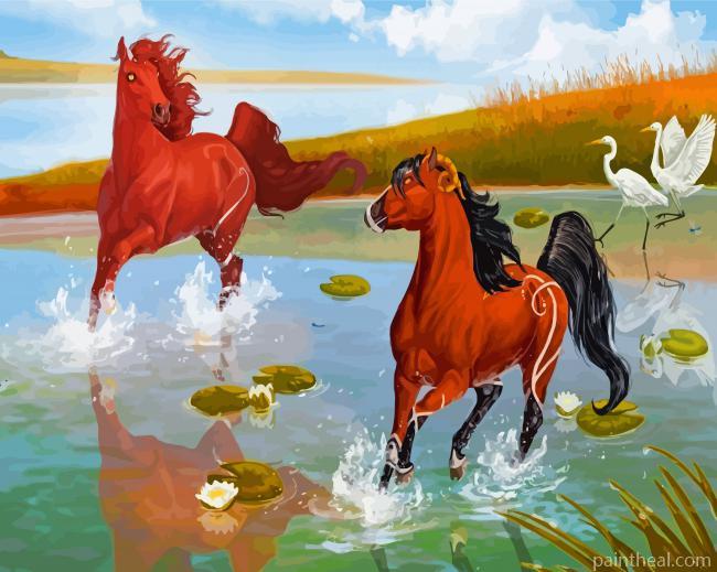 Horses In Pond Painting By Numbers Kits