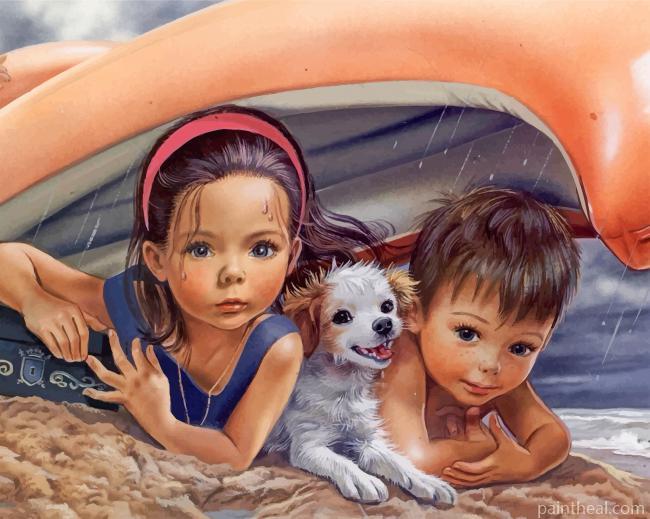 Cute Siblings And Their Pet Painting By Numbers Kits