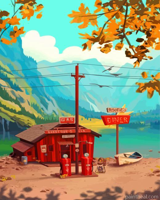 Gas Station By Lake Painting By Numbers Kits