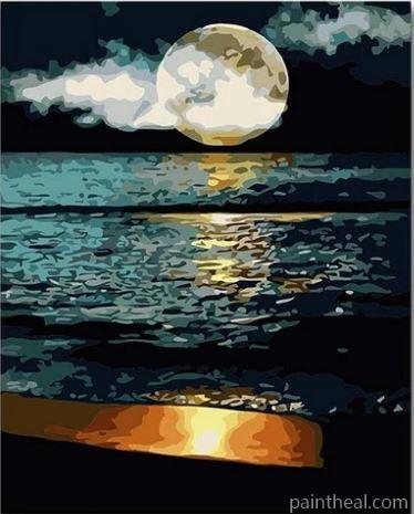 Full Moon Night at Beach Seascape Painting By Numbers Kits