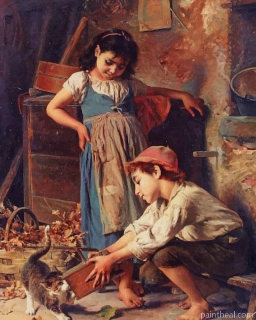 Siblings Playing With Their Cat NEW Painting By Numbers Kits
