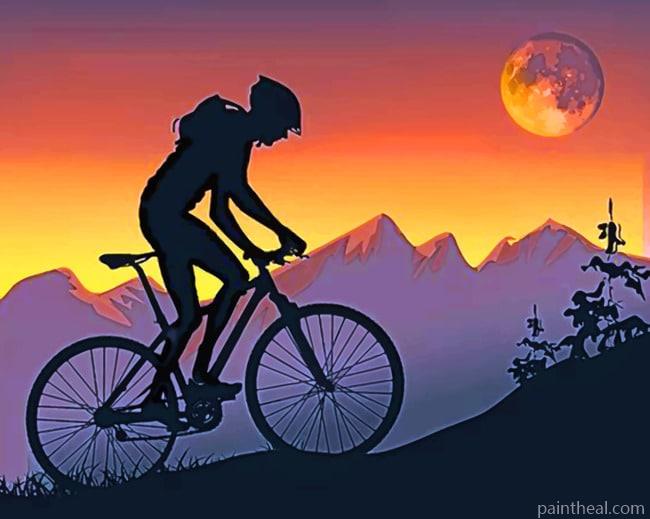 Mountain Biker On Step Hills At Sunset Silhouette Painting By Numbers Kits