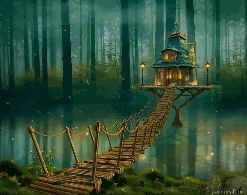 Magical Forest With Treehouse Landscape Painting By Numbers Kits