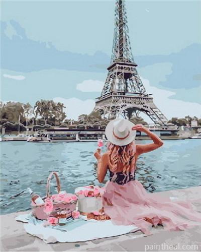 Girl in Picnic at Paris Cities Painting By Numbers Kits