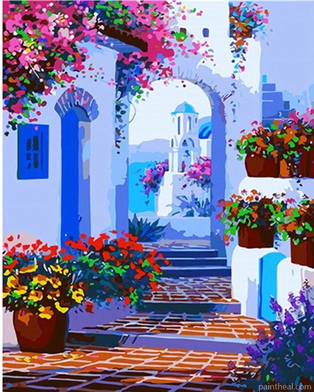 Santorini Flower Path Cities Painting By Numbers Kits