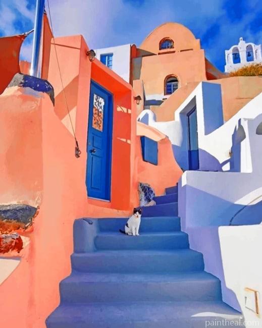 Colorful Buildings Santorini Painting By Numbers Kits