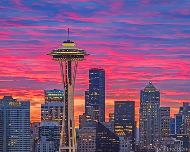 Seattle Space Needle Sunset Painting By Numbers Kits