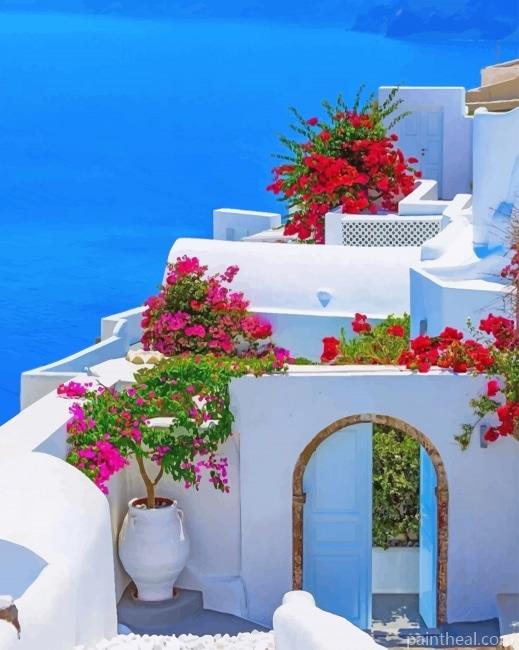 Santorini House Flowers Painting By Numbers Kits