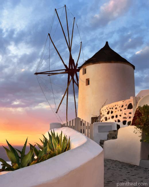 Santorini Greece Windmill Painting By Numbers Kits
