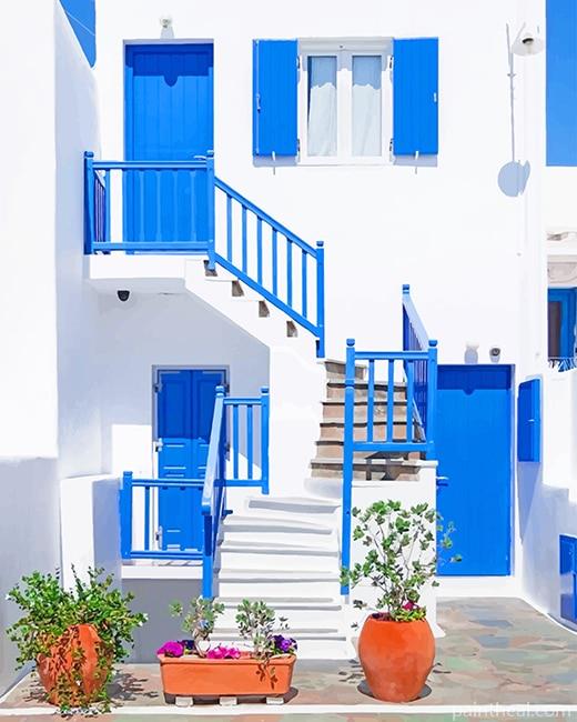 Greece White Blue House Painting By Numbers Kits