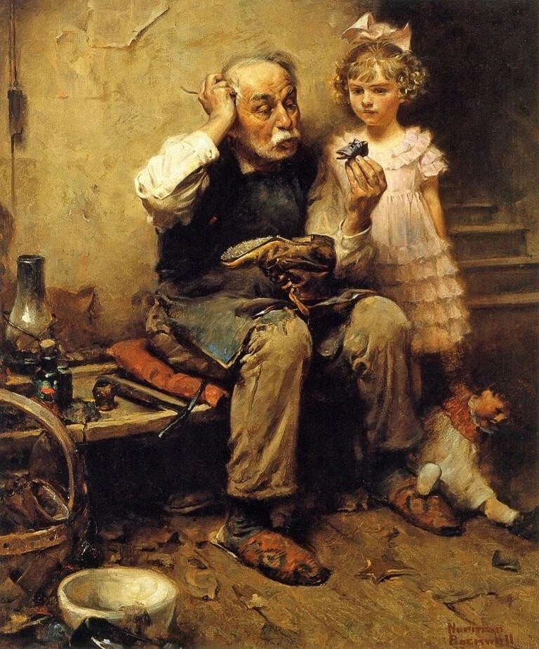 Cobbler studying dolls shoe painting by numbers
