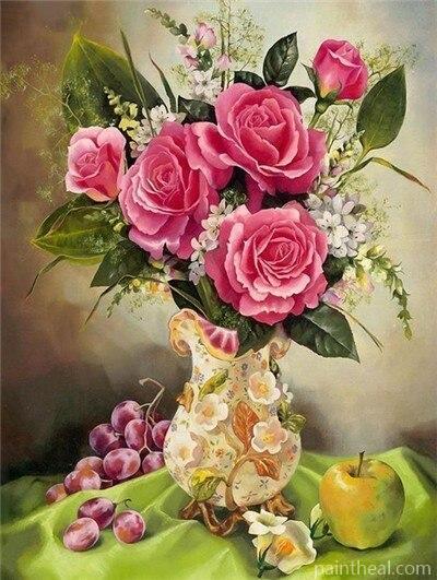 Pink Rose Vase Flowers Painting By Numbers Kits