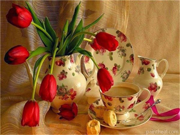 Red Tulip Flowers On Table Painting By Numbers Kits