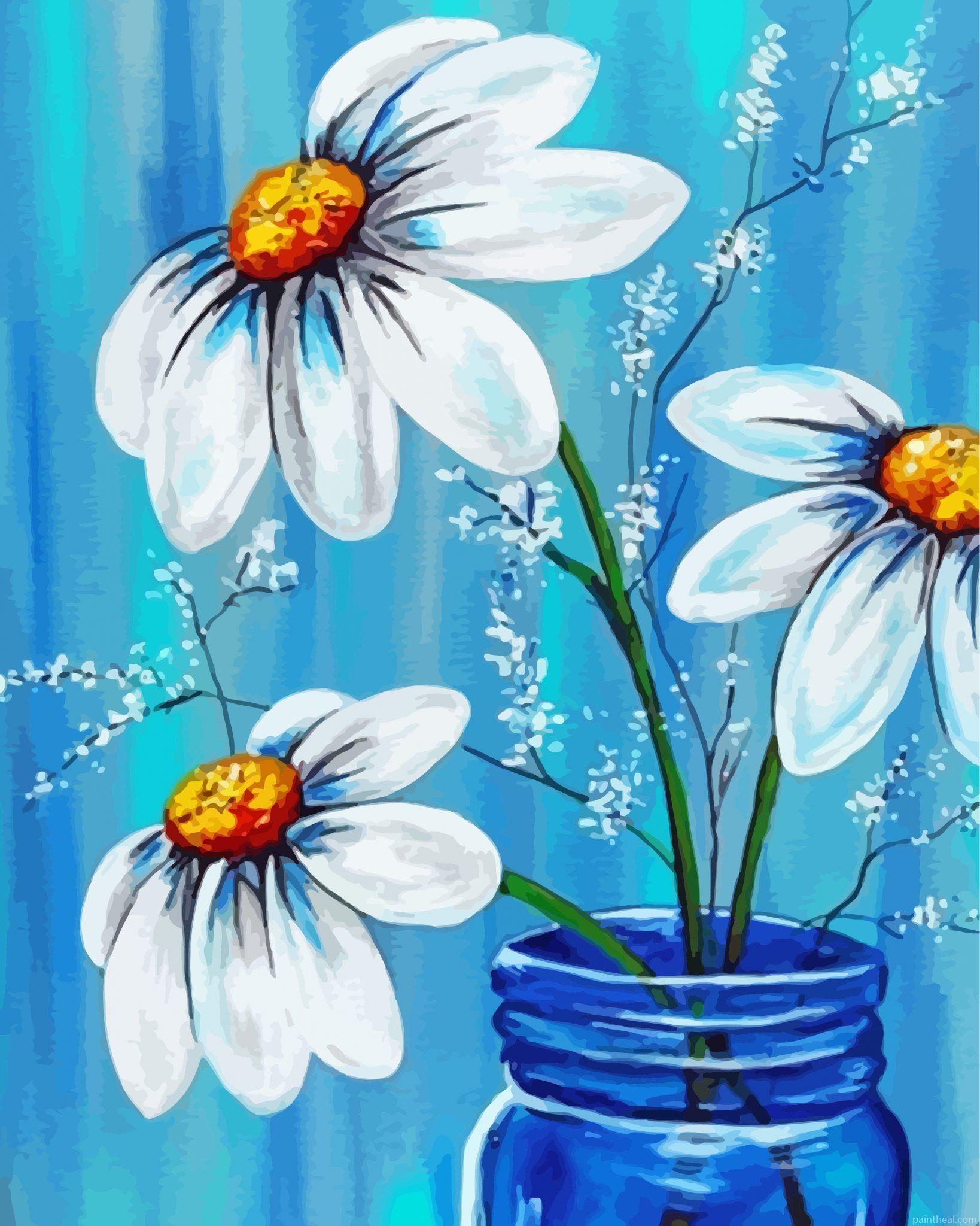 Daisies In Blue Jar Painting By Numbers Kits