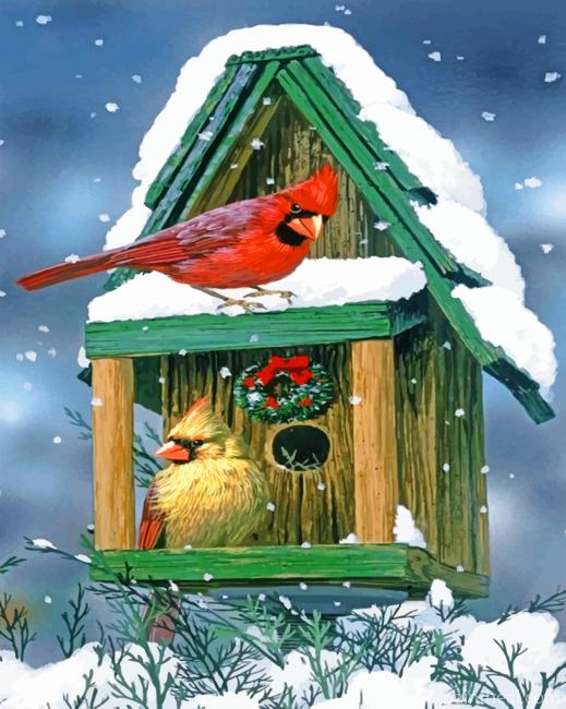 Cardinals In Snow House Painting By Numbers Kits