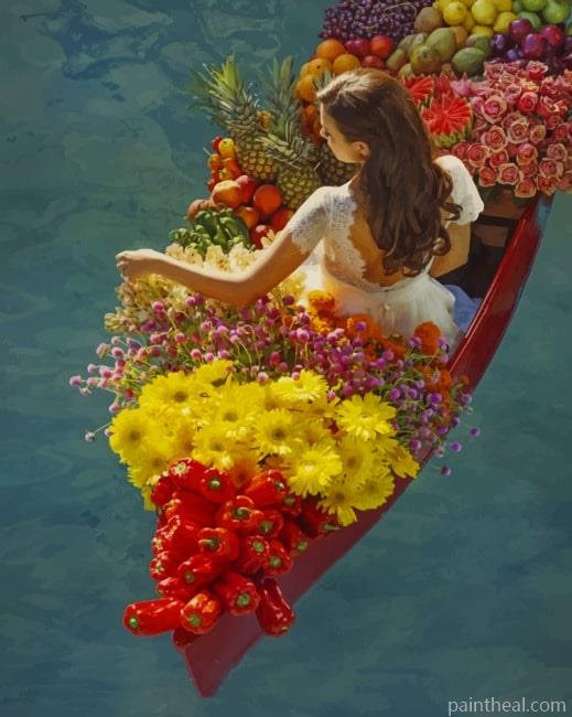 Woman On A Boat Full Of Flowers And Fruits NEW Painting By Numbers Kits