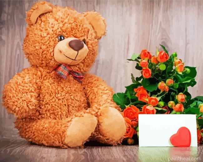 Brown Teddy Bear With Flowers Painting By Numbers Kits