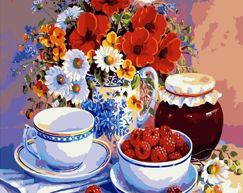 Tea Cup With Flowers And Fruits Painting By Numbers Kits