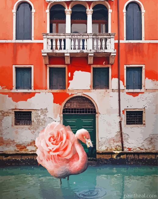 Flamingo With Rose In Water Painting By Numbers Kits
