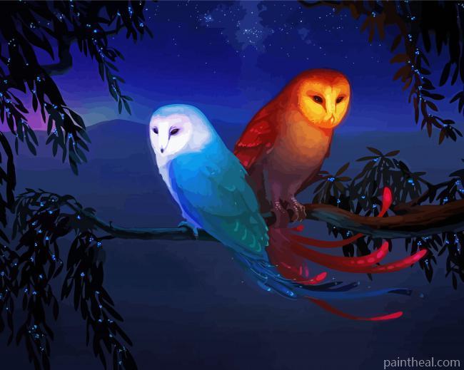 Red And Blue Bird Owls On Branch Painting By Numbers Kits
