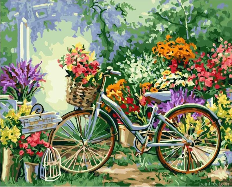 Flowers Bicycle In Garden Painting By Numbers Kits