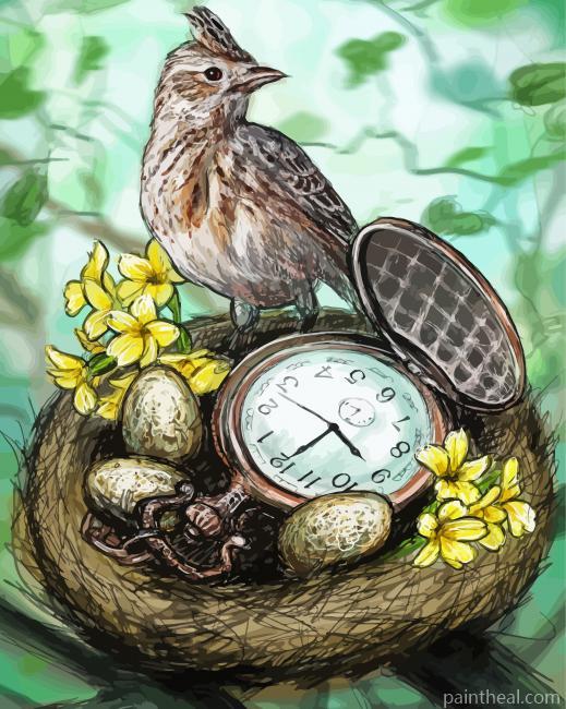 Pocket Watch And Eggs In Bird Nests Painting By Numbers Kits
