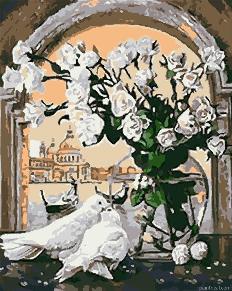 White Pigeons And White Roses Painting By Numbers Kits