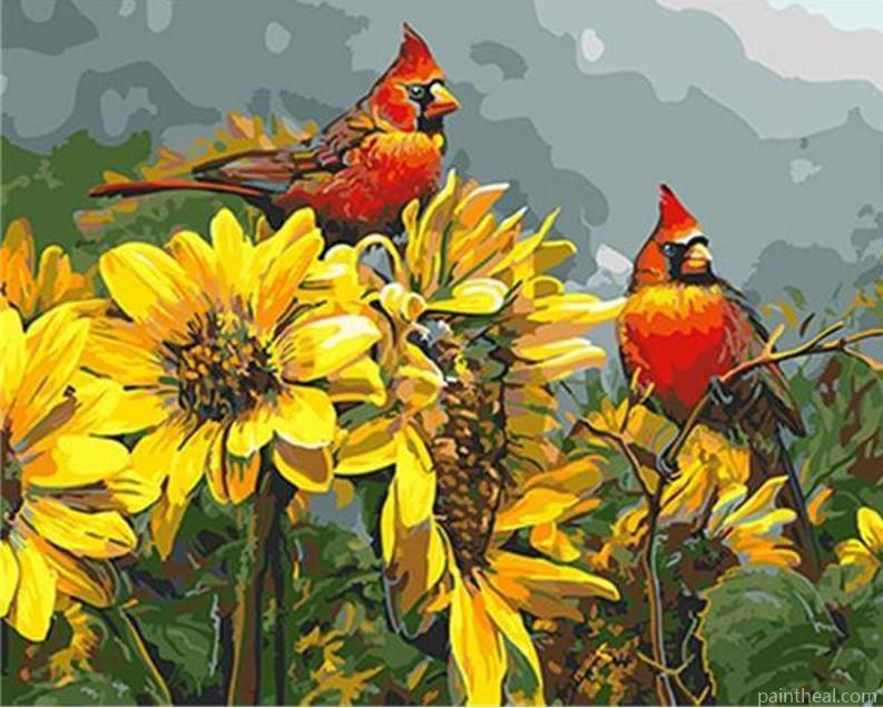 Cardinals On Yellow Flowers Painting By Numbers Kits