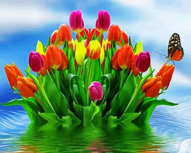 Butterfly With Beautiful Tulips Painting By Numbers Kits