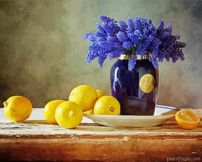 Blue Flowers And Lemons Painting By Numbers Kits