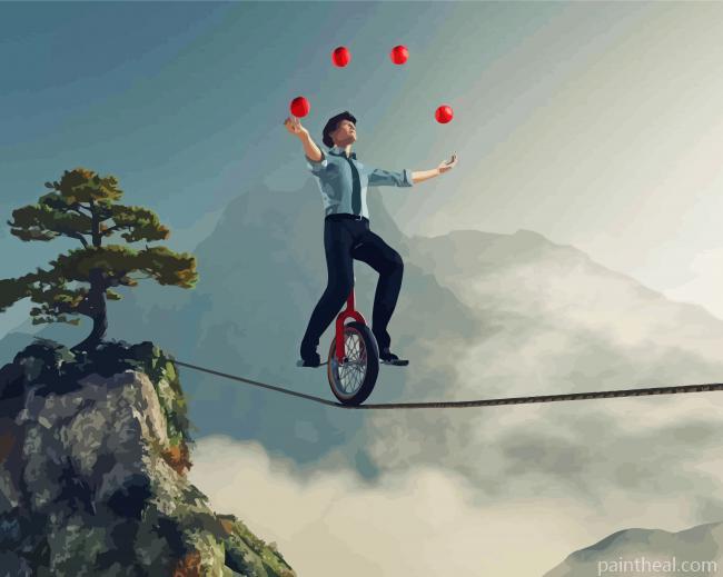 Showman With Unicycle On A Tightrope Painting By Numbers Kits