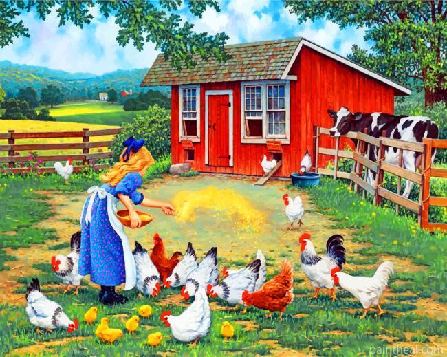 Girl Feeding Chickens Painting By Numbers Kits